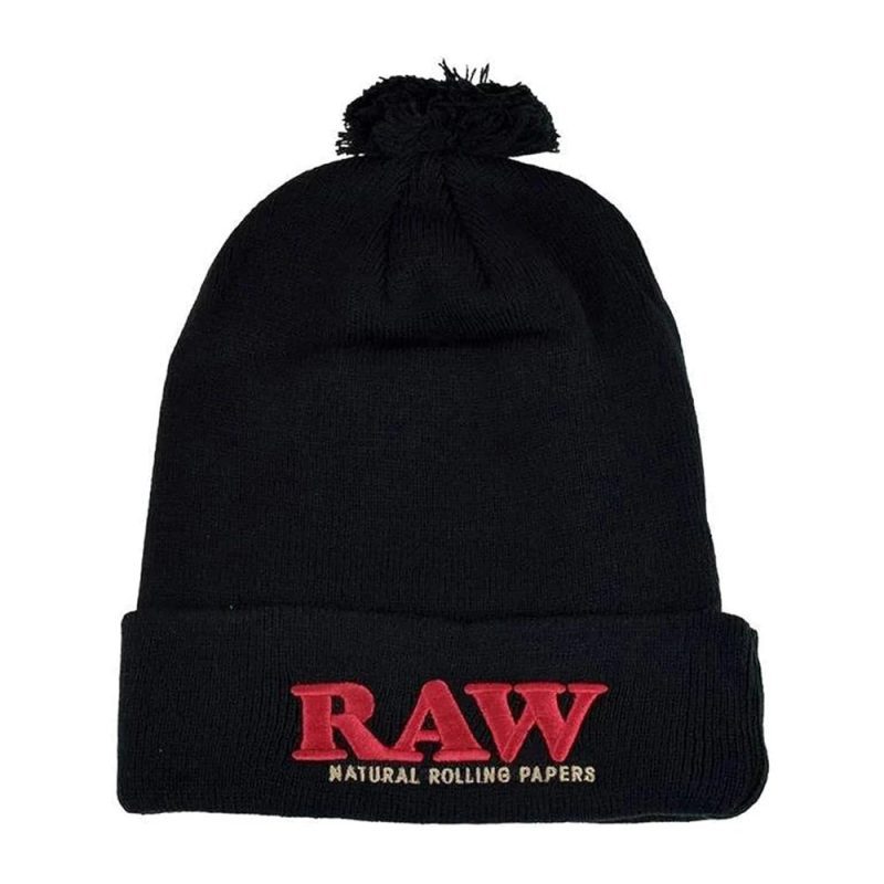 raw black pom pom hat